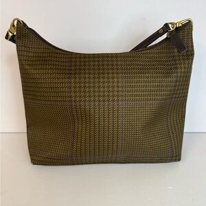 LAUREN RALPH LAUREN Brown & Green Houndstooth Canvas Small Shoulder Purse Plaid